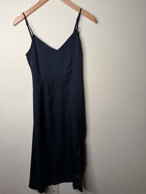Abercrombie & Fitch Black Satain Maxi Slip Dress Slit V Neck XS Sexy